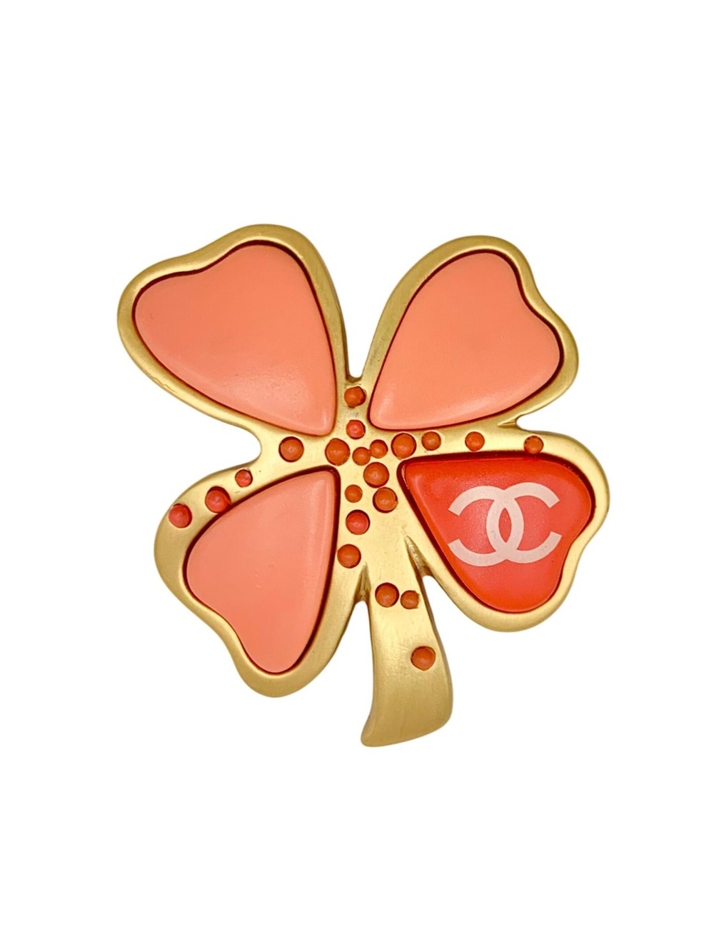 Authentic CHANEL Spring 2003 gold plated coral resin clover CC pin brooch